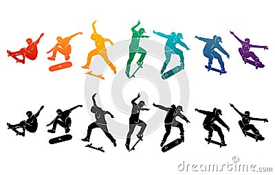 Skate people silhouettes skateboarders colorful vector illustration background extreme active Cartoon Illustration